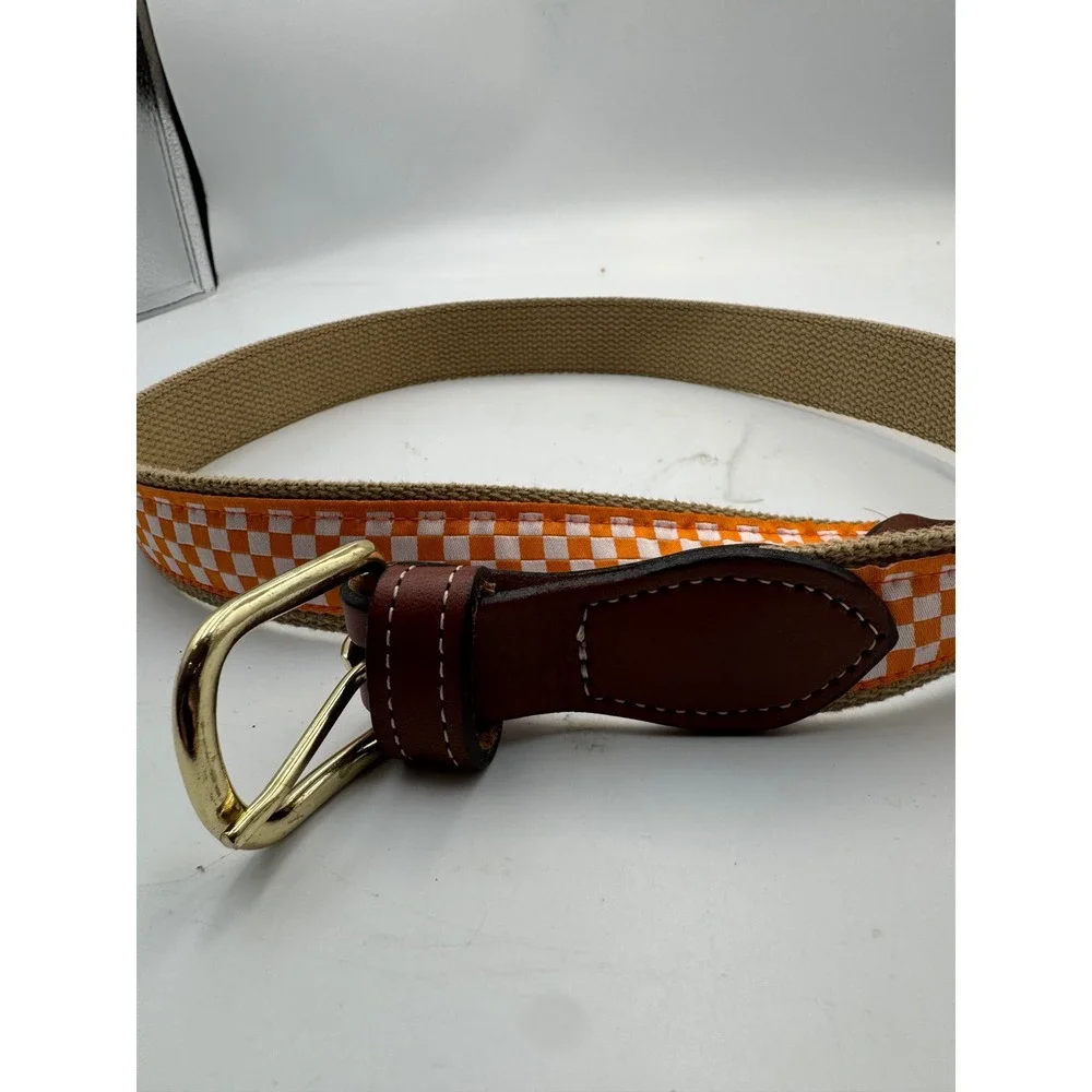 Orange White Checkered Ribbon Canvas Web Belt Leather Tabs Brass Buckle Size 34